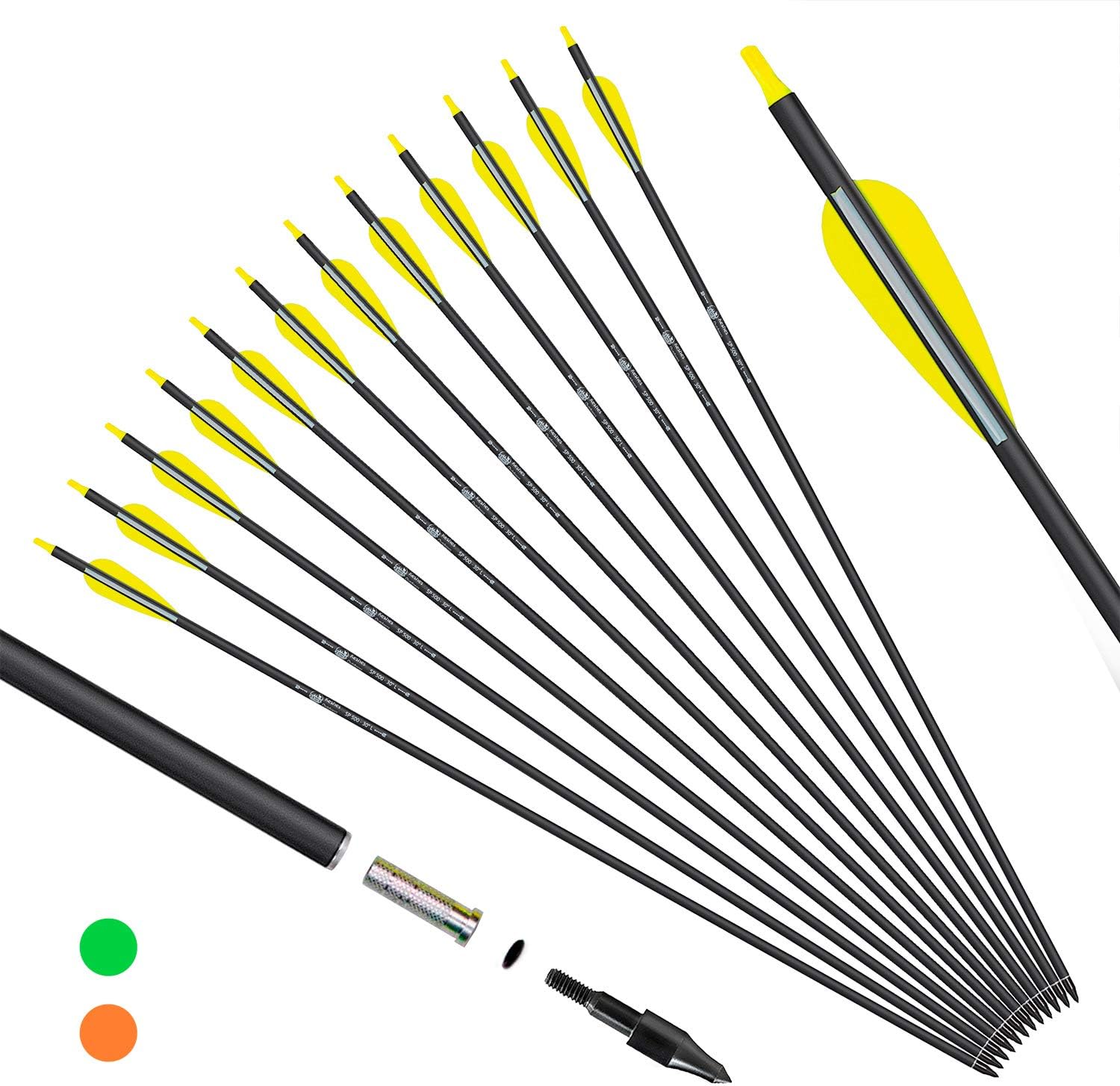 KESHES Archery Carbon Arrows for Compound & Recurve Bows - 30 inch Youth Kids and Adult Target Practice Bow Arrow - Removable Nock & Tips Points (12 Pack) (Yellow) : Sports & Outdoors