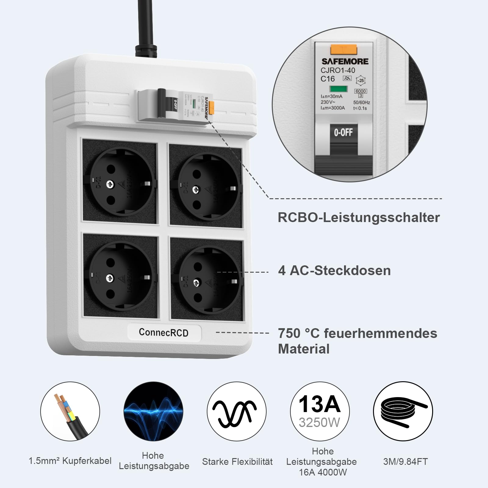Prise avec disjoncteur FI, RCD avec 4 prises (16 A, 4000 W), multiprise FI avec rallonge de 3 m et protection contre le courant différentiel de 30 mA, protection contre les surcharges et les