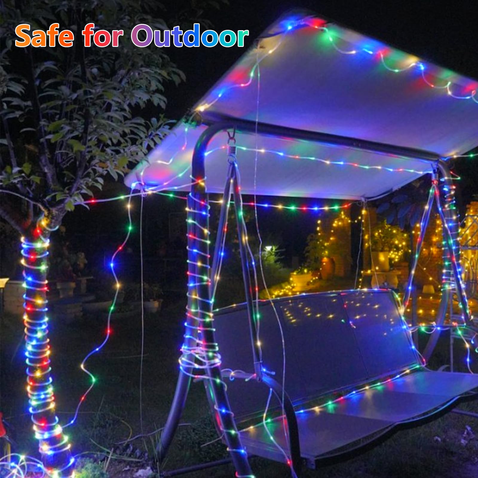 QITONG Luci solari impermeabili per esterni, confezione da 2 pezzi ciascuno da 10 m, 100 LED multicolore, luci per trampolino, luci fatate in tubo sottile trasparente con 8 modalità