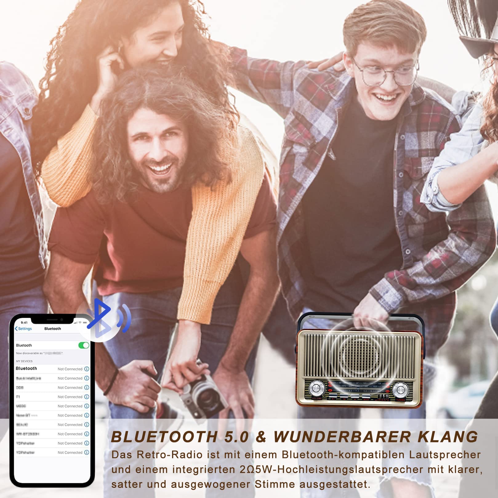 Retro Bluetooth 5.0 Radio - Nostalgie AM SW FM Vintage Gerät Mit 1200mAh Wiederaufladbarer Batterie, USB/TF Unterstützung - Für Küche, Büro Und Zuhause