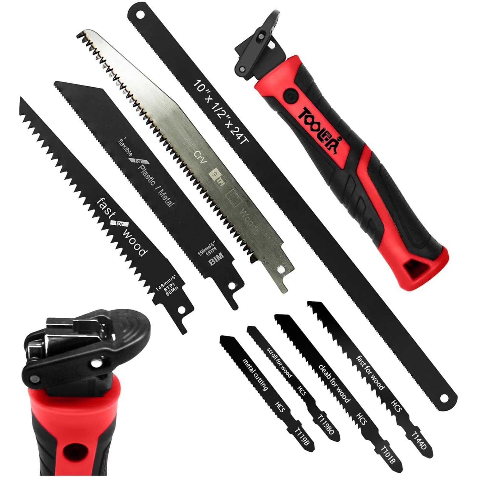 Magicbox Handsäge Metallsäge 8 in 1 Set Rot mit Schnellwechsel-System, 8 Klingen für Holz Metall PVC, Selbstsperrend & Ergonomisch, Kleine Bügelsägeblättern für DIY Haushalt Garten