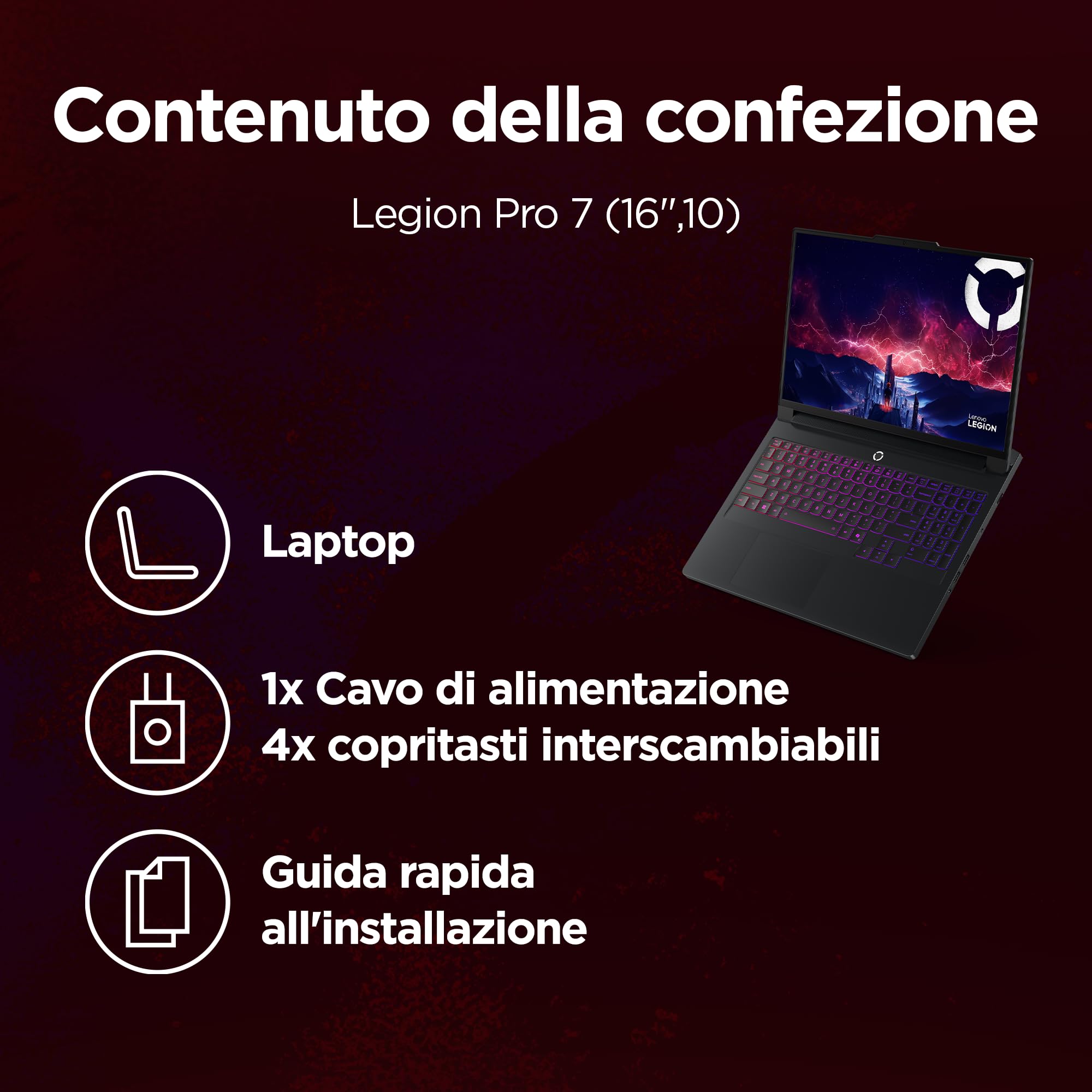 Lenovo Legion Pro 7 Gaming AI Laptop - Display OLED 16" WQXGA 240Hz, NVIDIA GeForce RTX 5080, AMD R9 9955HX3D, RAM 32GB DDR5, SSD 2TB, Windows 11, Tastiera RGB QWERTY, 3 mesi GamePass