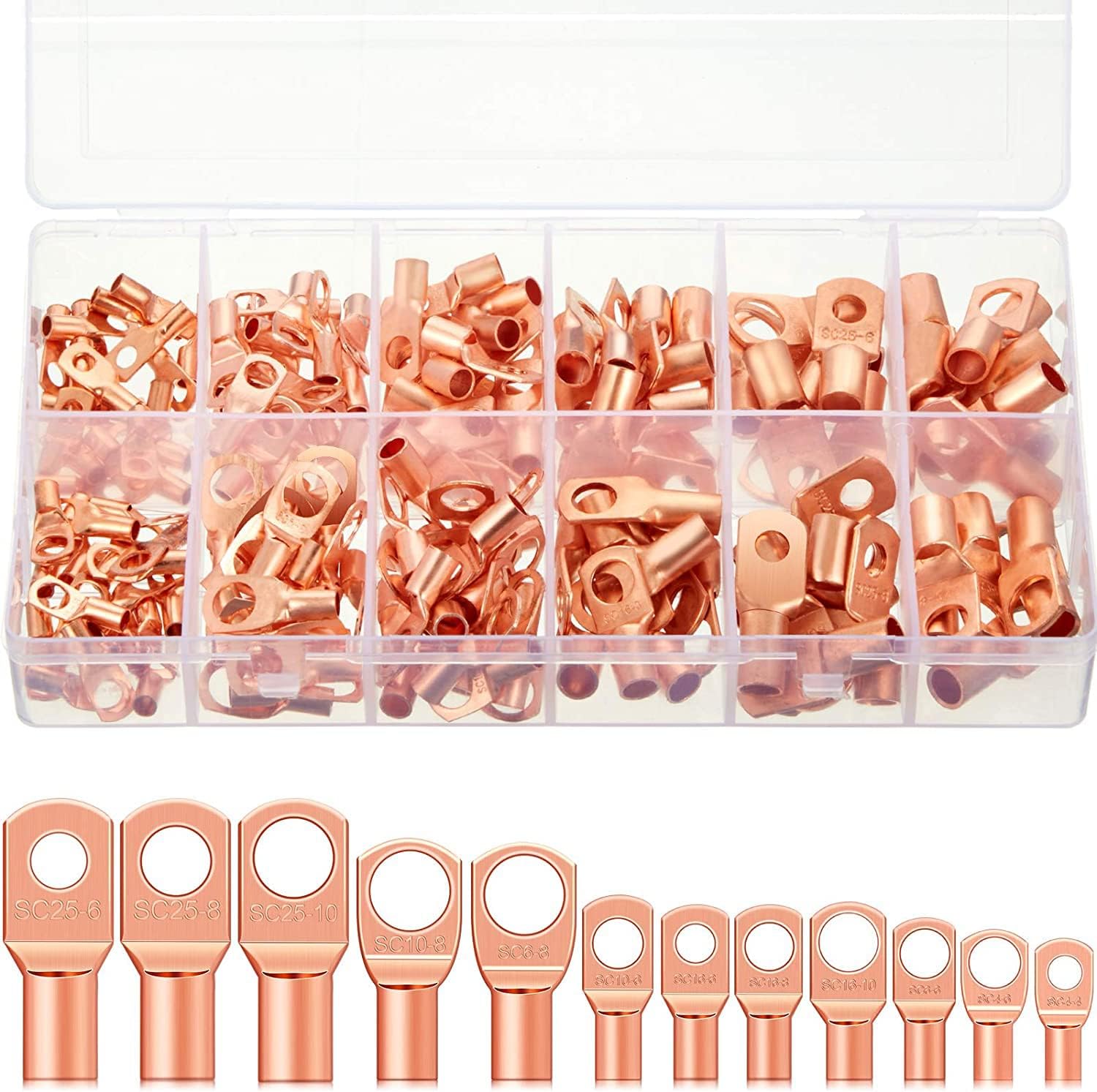 ELECDON 170 Pieces Copper Battery Cable Ends 12 Sizes Battery Wire Lugs Eyelets Tubular Ring Terminal Connectors SC Terminals for Automotive Supplies AWG4, AWG6, AWG8, AWG10, AWG12 (Metal Color)