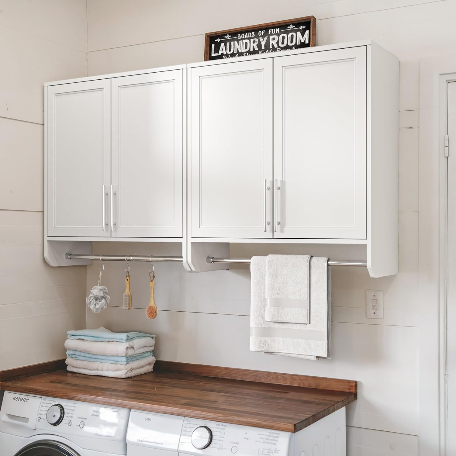 FIMELLO 59’’ Wall Cabinet with Hanging Rod, Laundry Room Cabinets Wall Mounted, Bathroom Wall Cabinet, Adjustable Shelf, Shaker Door, White