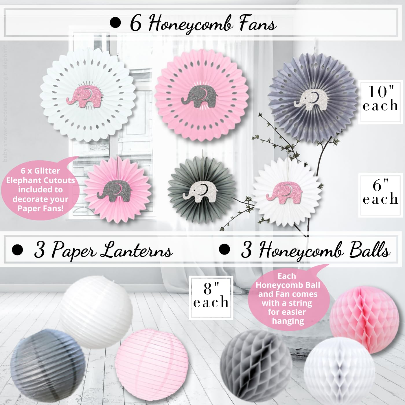 Decoraciones para baby shower de elefante para niña Jumbo Bundle | Es una niña | Rosa Gris Blanco