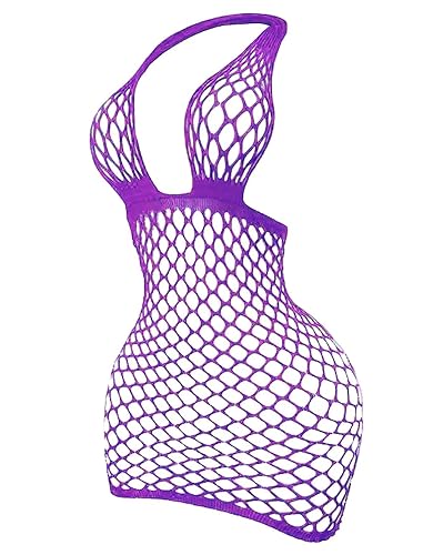 Avidlove Women Sexy Fishnet Lingerie Open Back Babydoll Halter Dress | One Piece,Halter Sleeveless Fishnet Bodysuit,Stripper Outfits Rave Outfits for Going Out Halloween Valentine's Day - One Size - Purple
