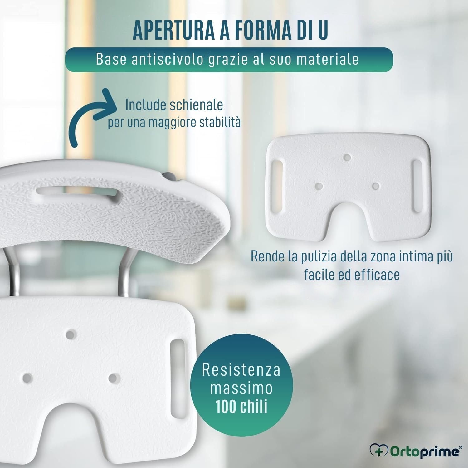 OrtoPrime Sedia da Doccia Ergonomica a U – Sgabello da Doccia Antiscivolo – Sedia per Doccia Anziani Regolabile – Sedile Doccia Anziani Confortevole – Sgabelli Bagno Sicuri e Resistenti