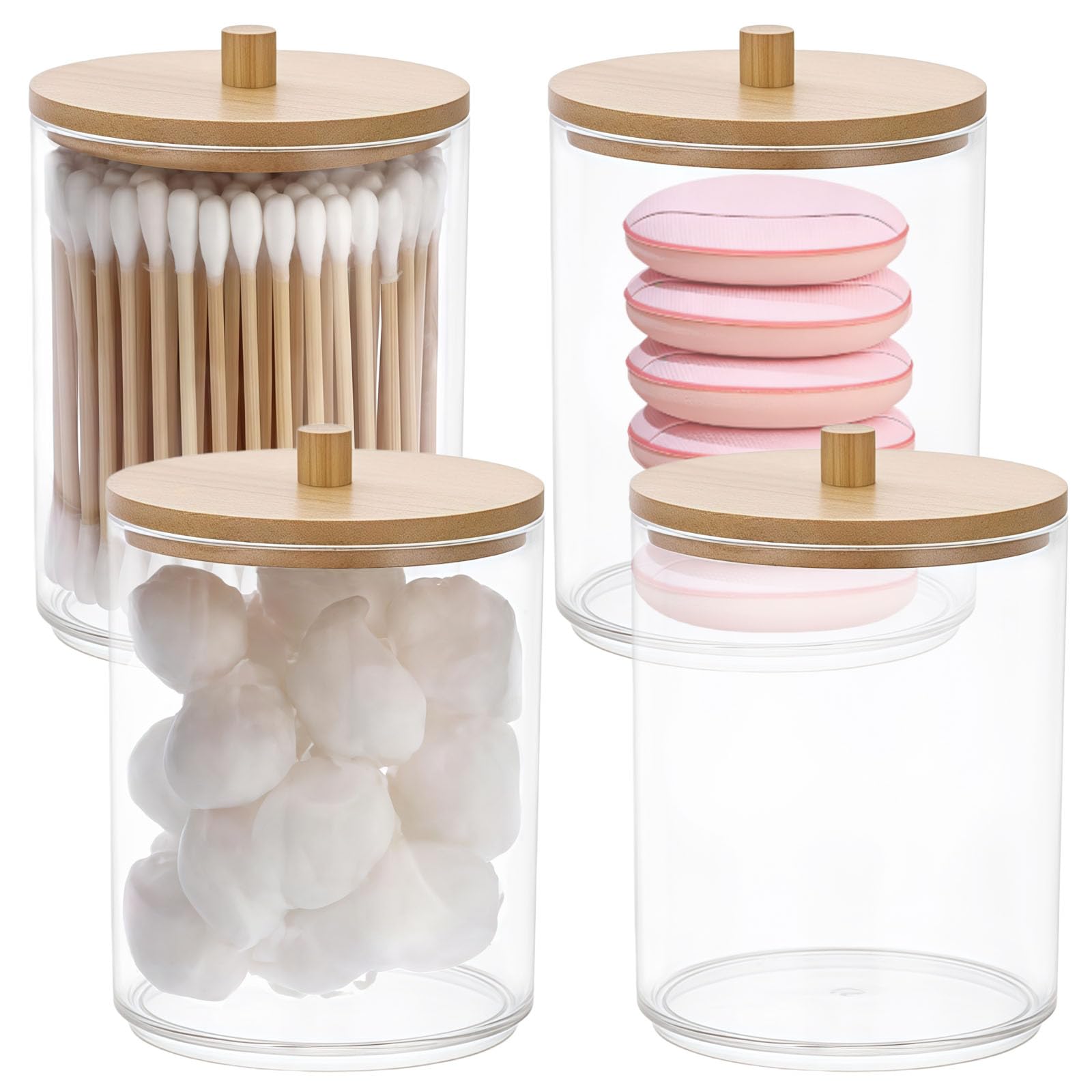 4PCS Cotton Bud Holder, Cotton Pad Holder Dressing Table Organiser, Clear Cylindrical Cotton Bud Dispenser with Circular Wooden Lid, Suitable Bathroom Decor Supplies and Dressing Table Accessories