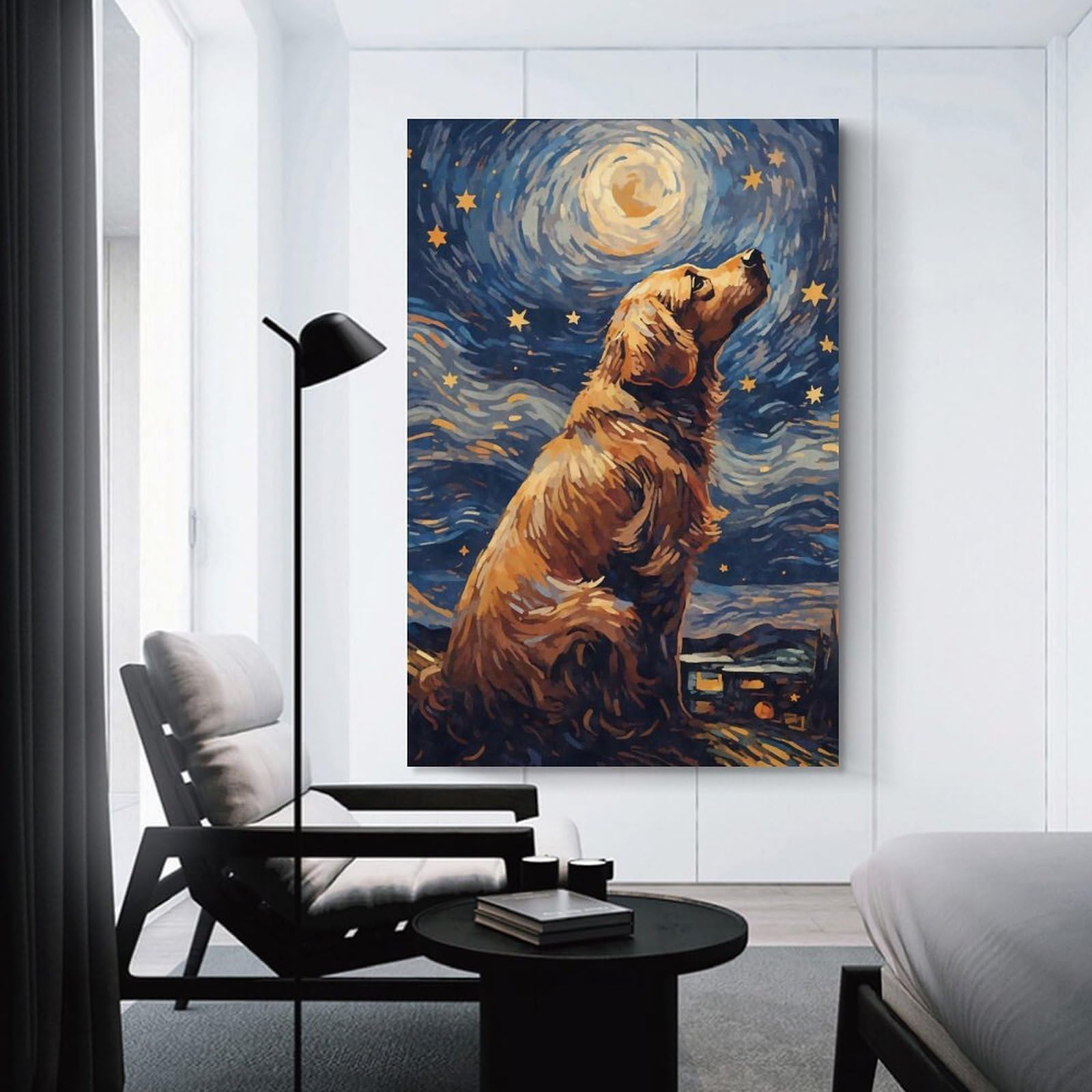 Junmoney Golden Retriever Night Canvas Wall Decor, 20x30inch(50x75cm), for Gallery Wall Decor And Room Displays, Wall Decor Suited to Curated Displays