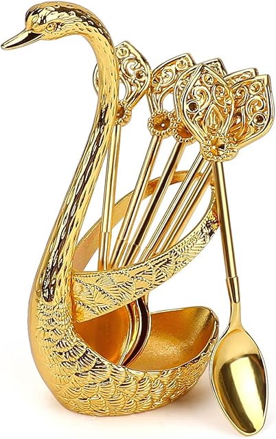 Bestcool Coffee Teaspoons, 6Pcs Metal Coffee Dessert Spoon Set Gold Latte Spoons Cake Coffee Spoon with Decorative Swan Base Holder for Coffee, Dessert, Stirring, Sugar, Ice Cream, Cake