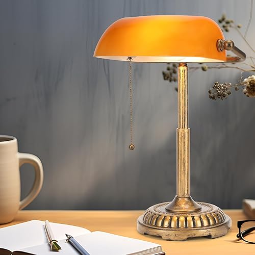 Miniatura 6 de NISSAFORS Bankers Lamp, Amber Desk Lamp with Pull Switch, Vintage Table Lamps for Home Office, Library, Piano (Amber) (USADO)