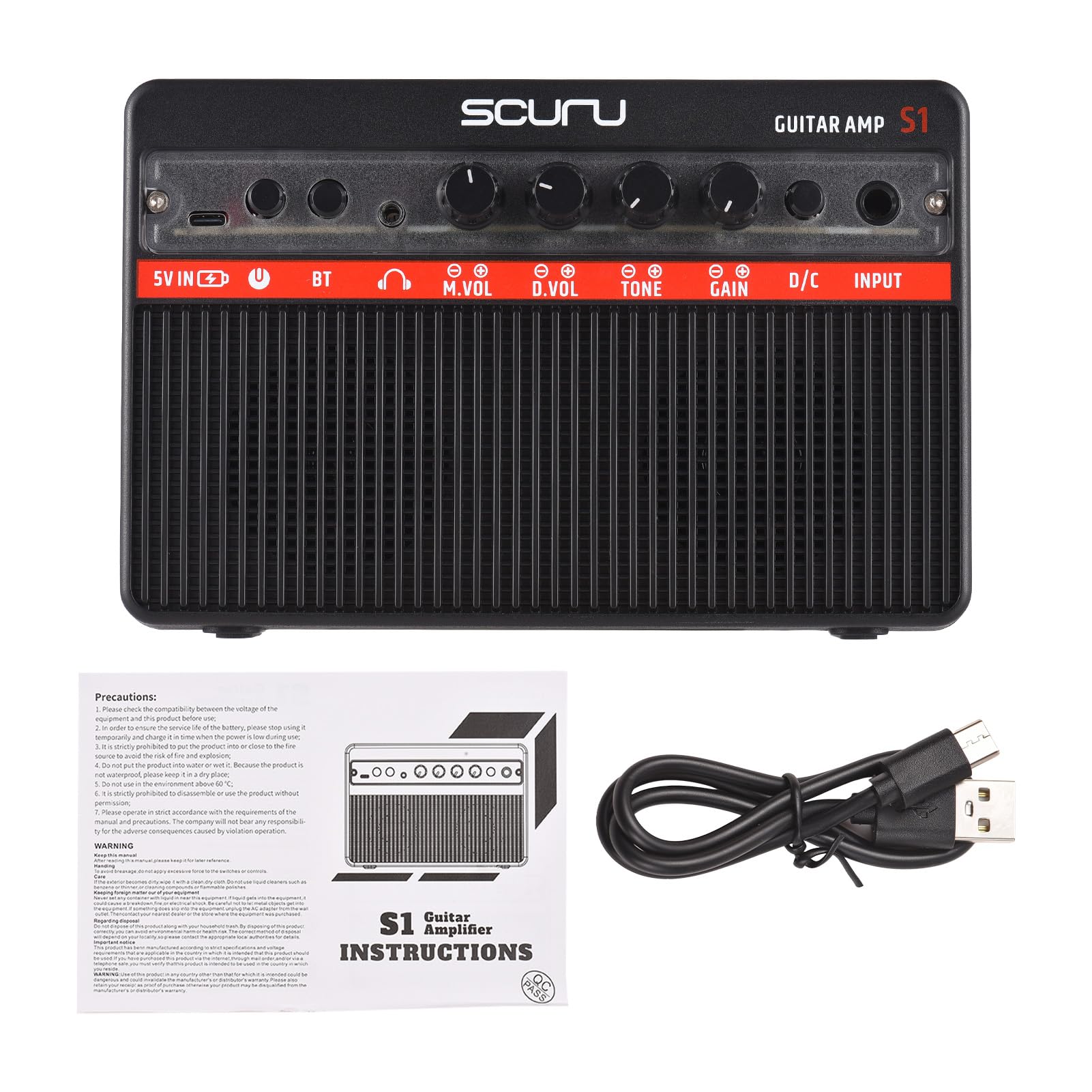 Btuty Scuru 16 W kleiner E-Gitarrenverstärker, tragbarer Gitarren-Übungs-Lautsprecher, wiederaufladbarer Verstärker, unterstützt BT/Kopfhörer-Verbindung, integrierter Verzerrungseffekt, Plug and Play