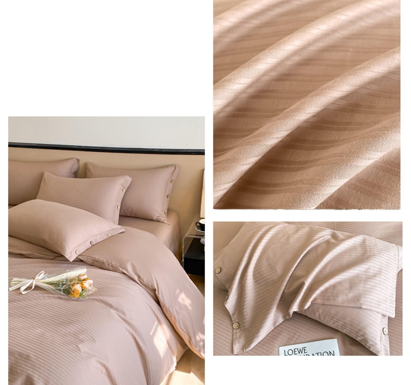 Zestaw pościeli 4 sztuki na łóżko 180, poszwa na kołdrę 200x230cm, regulowana prześcieradło z gumką 180x200cm i 2 poszewki na poduszki, wzór w paski, miękka bawełna, kawa