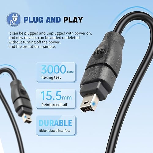 Vista 14 de FireWire - Cable de 800 a 400 de 9 pines a 4 pines de 6 pies, DV a Firewire Cables IEEE 1394 Firewire 800 de 9 pines/6 pines para Mac Pro, MacBook