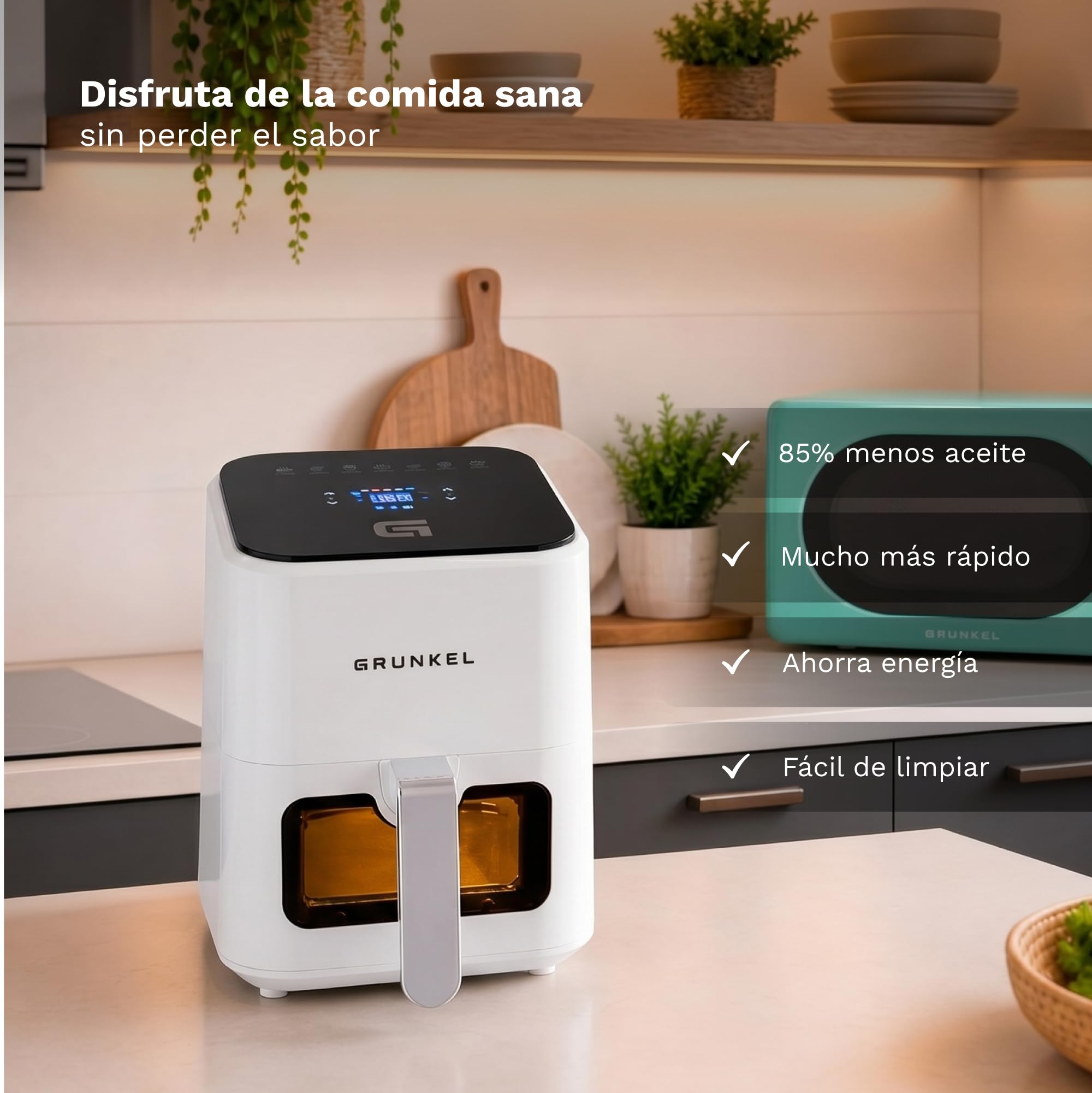 Grunkel - Freidora aire - Air Fryer - 4 Litros y 7 programas. WEF. Panel de control digital Multifunción y ventanal visualización retroiluminada. Temporizador 60 minutos - Freidora sin aceite (Blanco)
