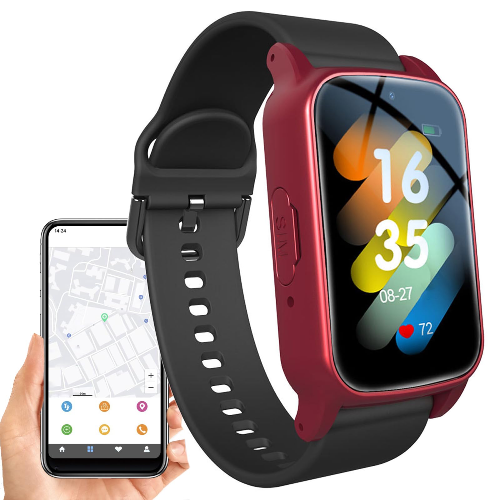 Inteligentny zegarek z wykrywaniem upadków, urządzenia ostrzegające przed upadkiem dla osób starszych, bransoletka z lokalizatorem GPS dla osób starszych, zegarek z alarmem przed upadkiem,Red