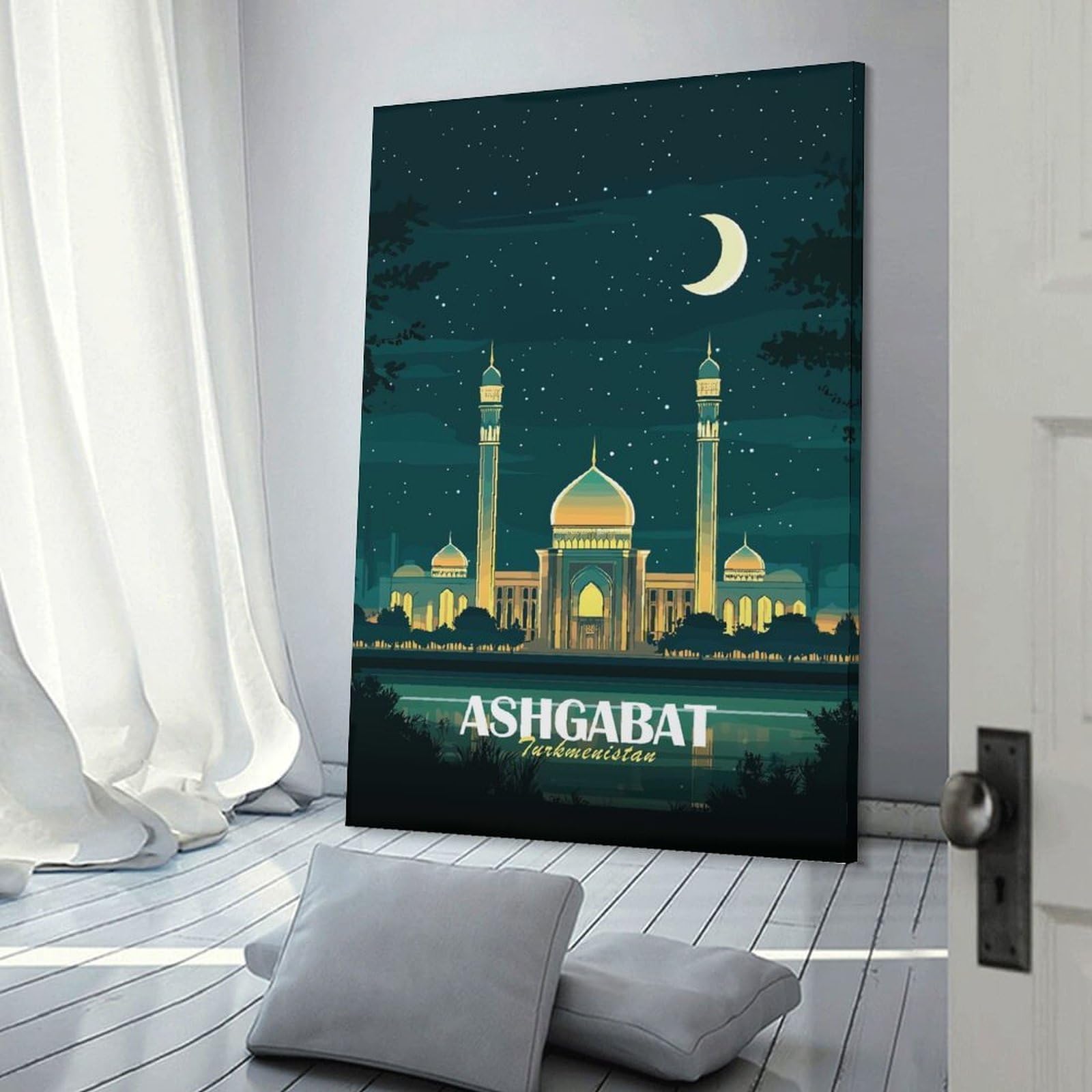 Junmoney Ashgabat, Turkmenistan Nightscape Illustration Room Decor Wall Art, 24x36inch(60x90cm), for Feature Walls in Flats Or Modern Rooms, Wall Decor Suited to Curated Displays