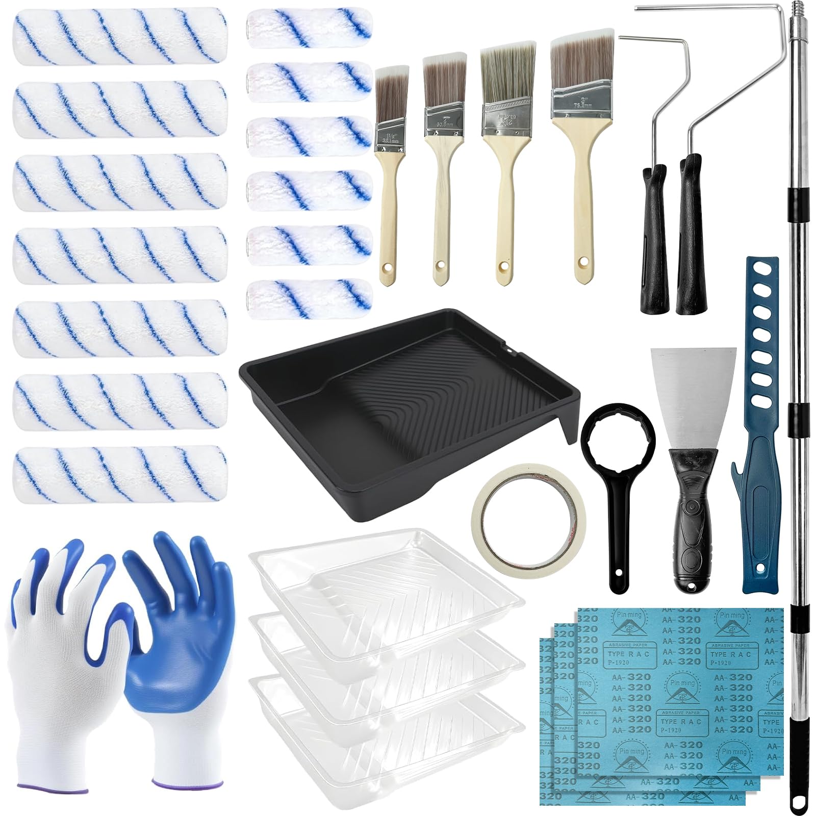 Paint Roller Kit with 4.5 FT Extension Pole, 31PCS Wall Painting Kit with 9" & 4" Paint Rollers, Paint Brushes Set for Professional Painting House Painting Supplies for All Latex and Oil Paints Stains