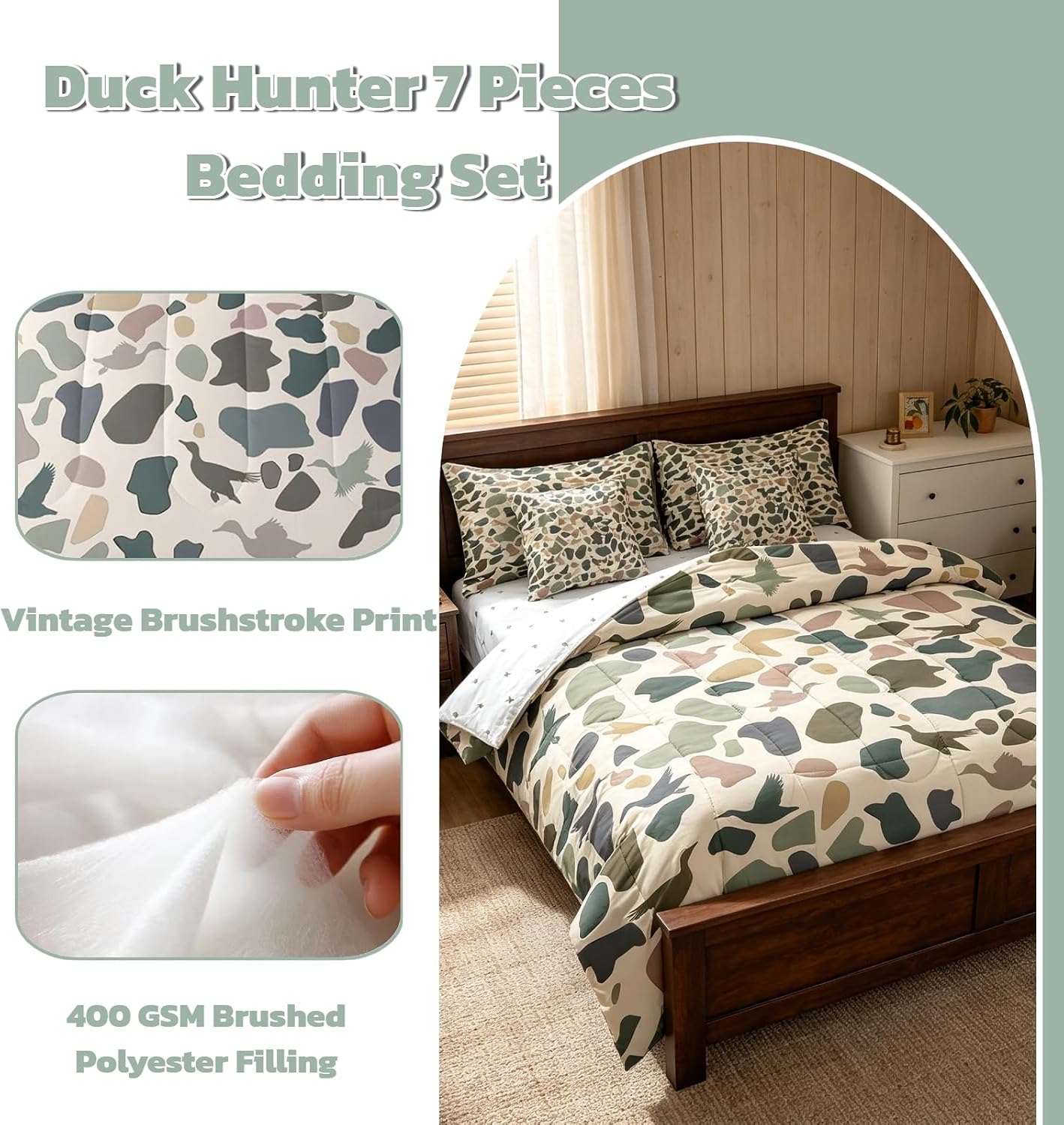 Erosebridal Duck Hunter 7 Pieces Bedding Set Vintage Wild Mallard Duck Queen Comforter Set with Sheets for Boys Girls Kids Room Decor Army Camouflage Rustic Hunting Bed in A Bag Bed Set,Cream Green