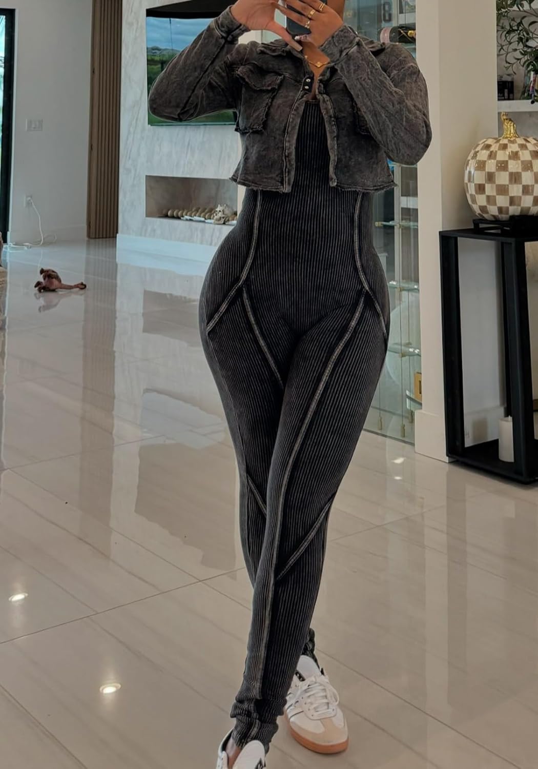 LAJIOJIO Bodycon 2 Piece Sets for Women,Long Sleeve Cropped Jackets and Ribbed Jumpsuit Party Outfits - Image 2