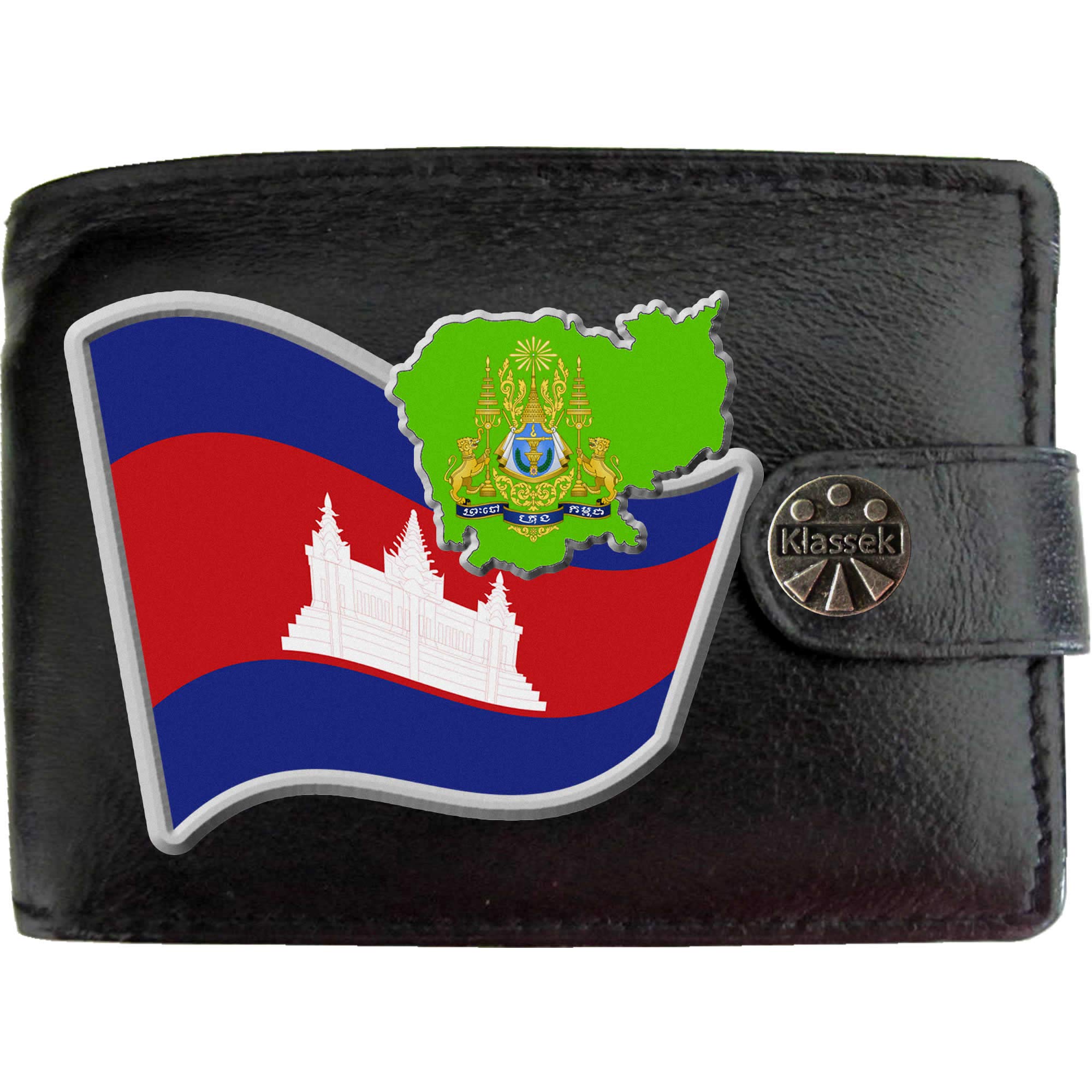Klassek Cambodia Flag Cambodian Map and Coat of Arms COA Mens Wallet Real Black Leather RFID Blocking with Coin Pocket and Metal Gift Box