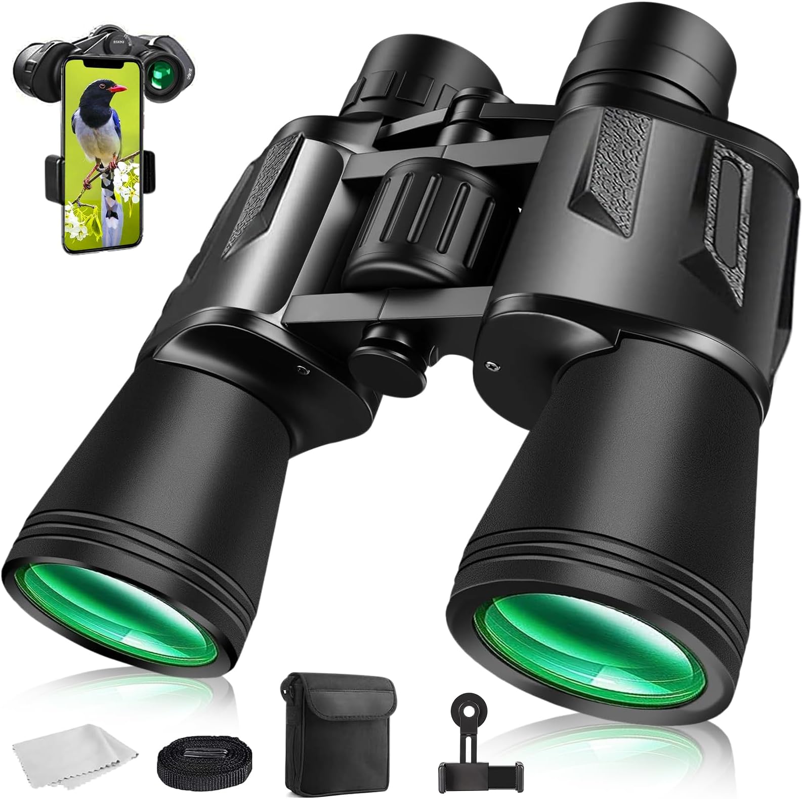 Binoculars for Adults, 20 x 50, Waterproof Tactical Binoculars with BAK4 Prism Eyepiece, FMC Lens, Field Engraver, Outdoor HD Compact Binoculars with Smartphone Adapter for Hunting, Bird Watching
