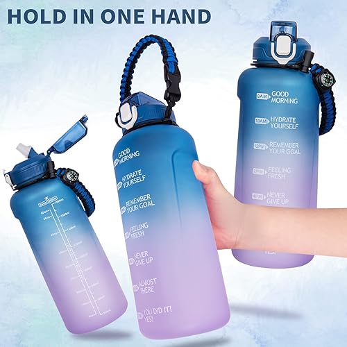 Miniatura 6 de Seekua Botella de agua grande de medio galón  64 onzas con popote y marcador de tiempo, botella deportiva motivacional con mango de paracaídas y