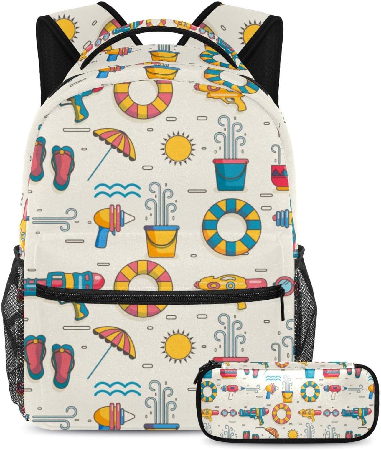 School Bag Set for Teen Girls Boys, Student Bookbag Backpack Rucksack with Pencil Case for School - Songkran Thai Water Guns Umbrella Swim Ring Sandals