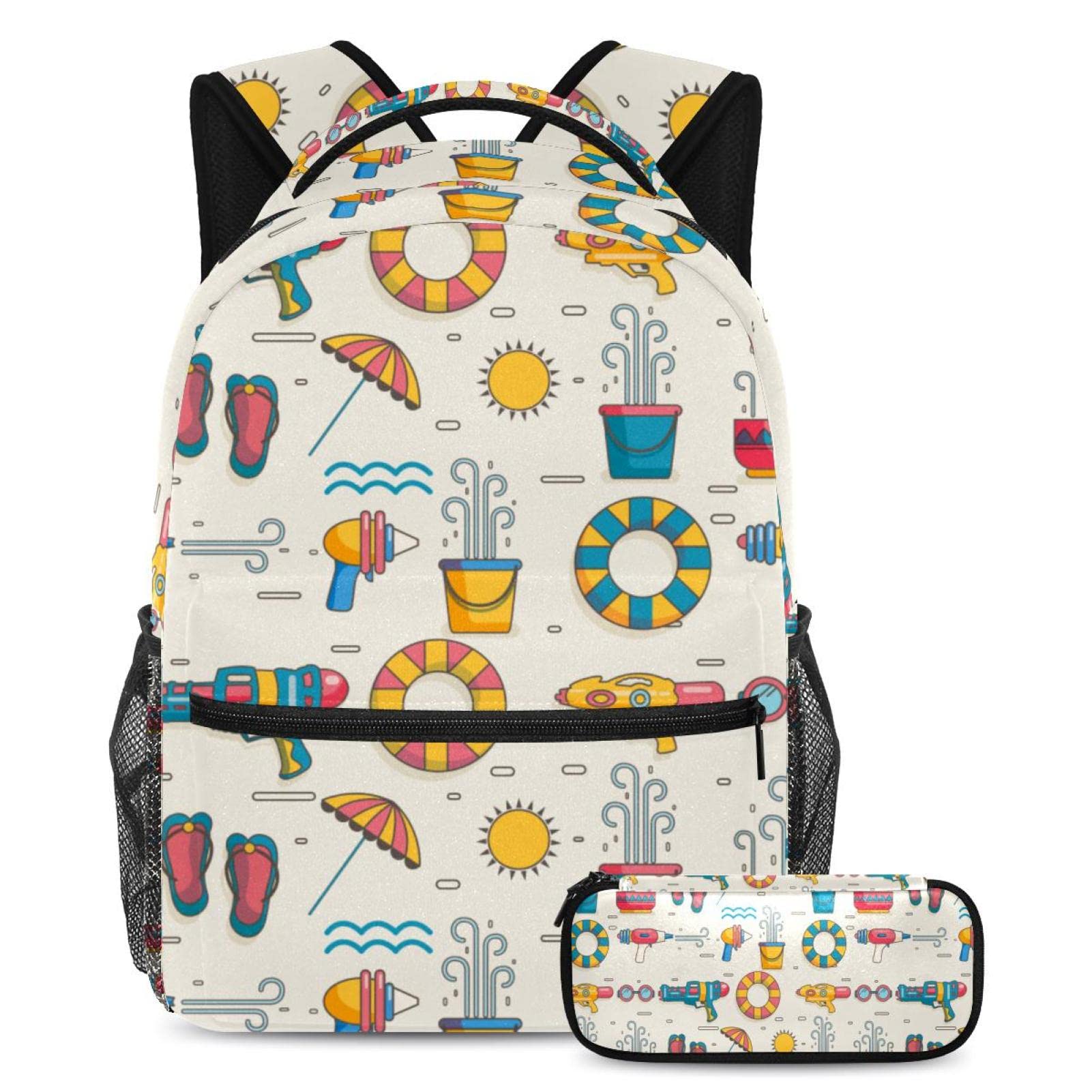 School Bag Set for Teen Girls Boys, Student Bookbag Backpack Rucksack with Pencil Case for School - Songkran Thai Water Guns Umbrella Swim Ring Sandals