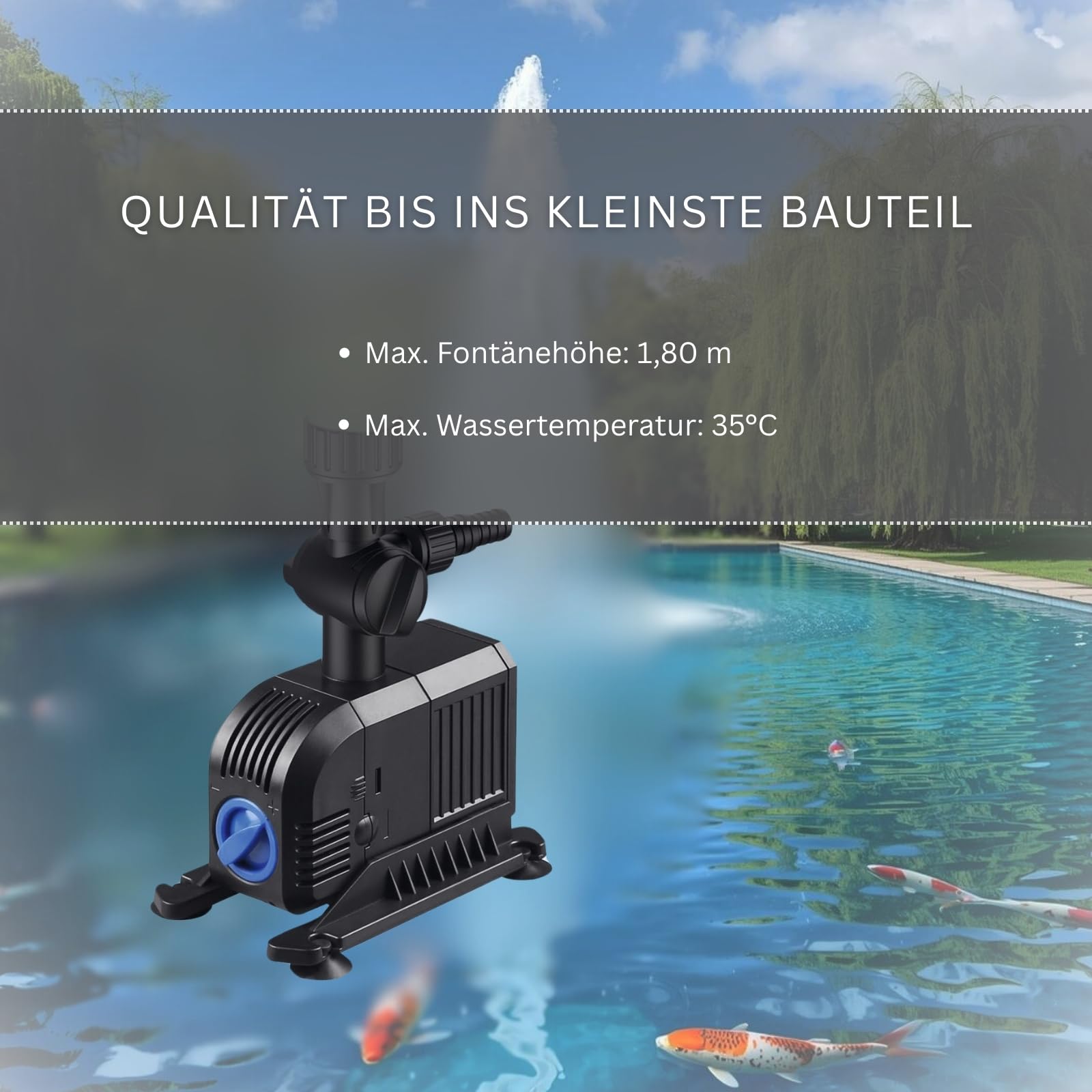 MAUK® LED Springbrunnen | Teichpumpen Set 25W mit Farbwechsel-Ring | 1500 L/h Wasserspiel für Garten & Teich – 1,80m Fontäne, 3 Düsenaufsätze, 360° Rotation & 25° verstellbar, Schutzart IPX8