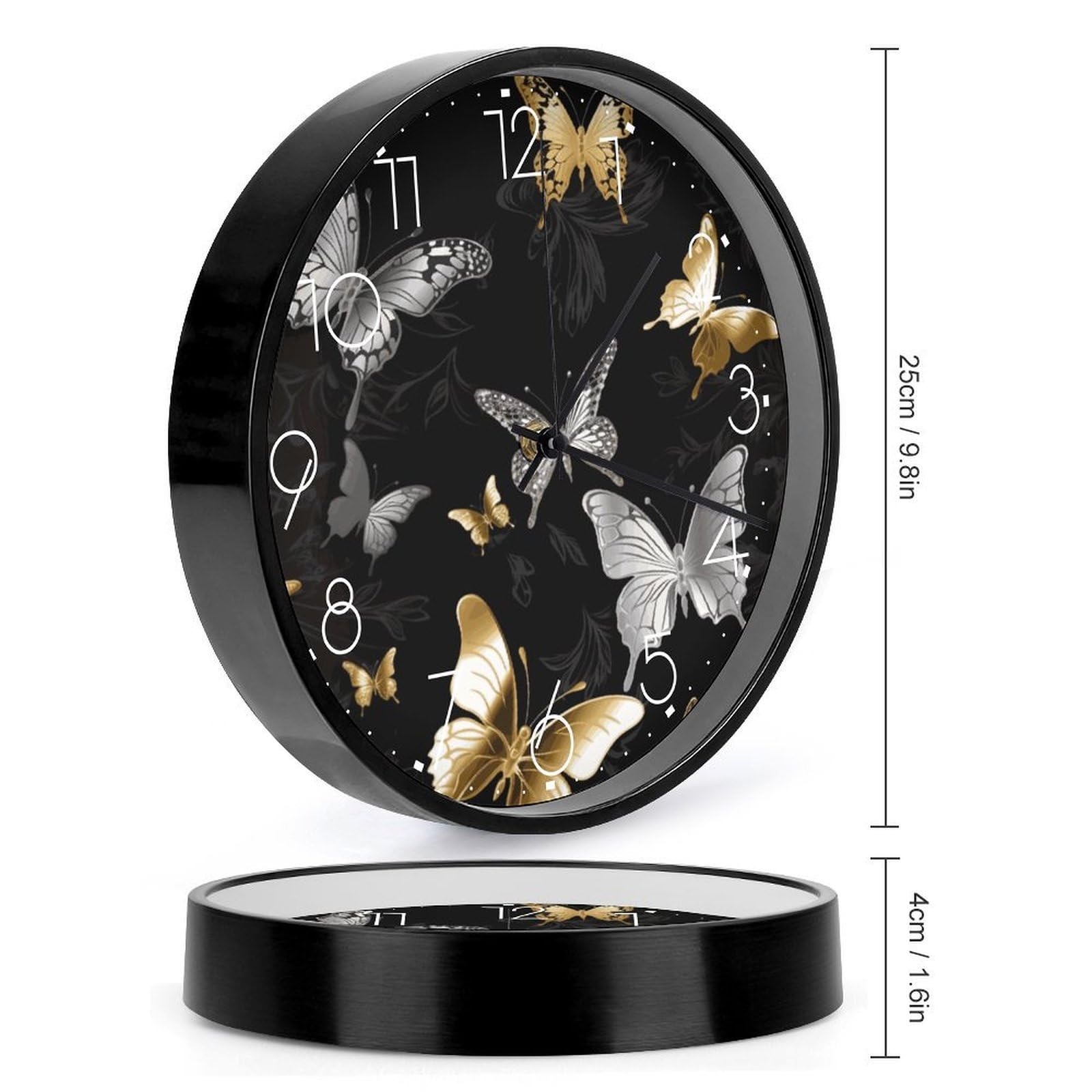 VIDI Horloge murale silencieuse avec papillons blancs dorés et noirs, 25,4 cm, horloge analogique moderne sans tic-tac décorative pour cuisine, bureau, salle de bain, chambre à coucher