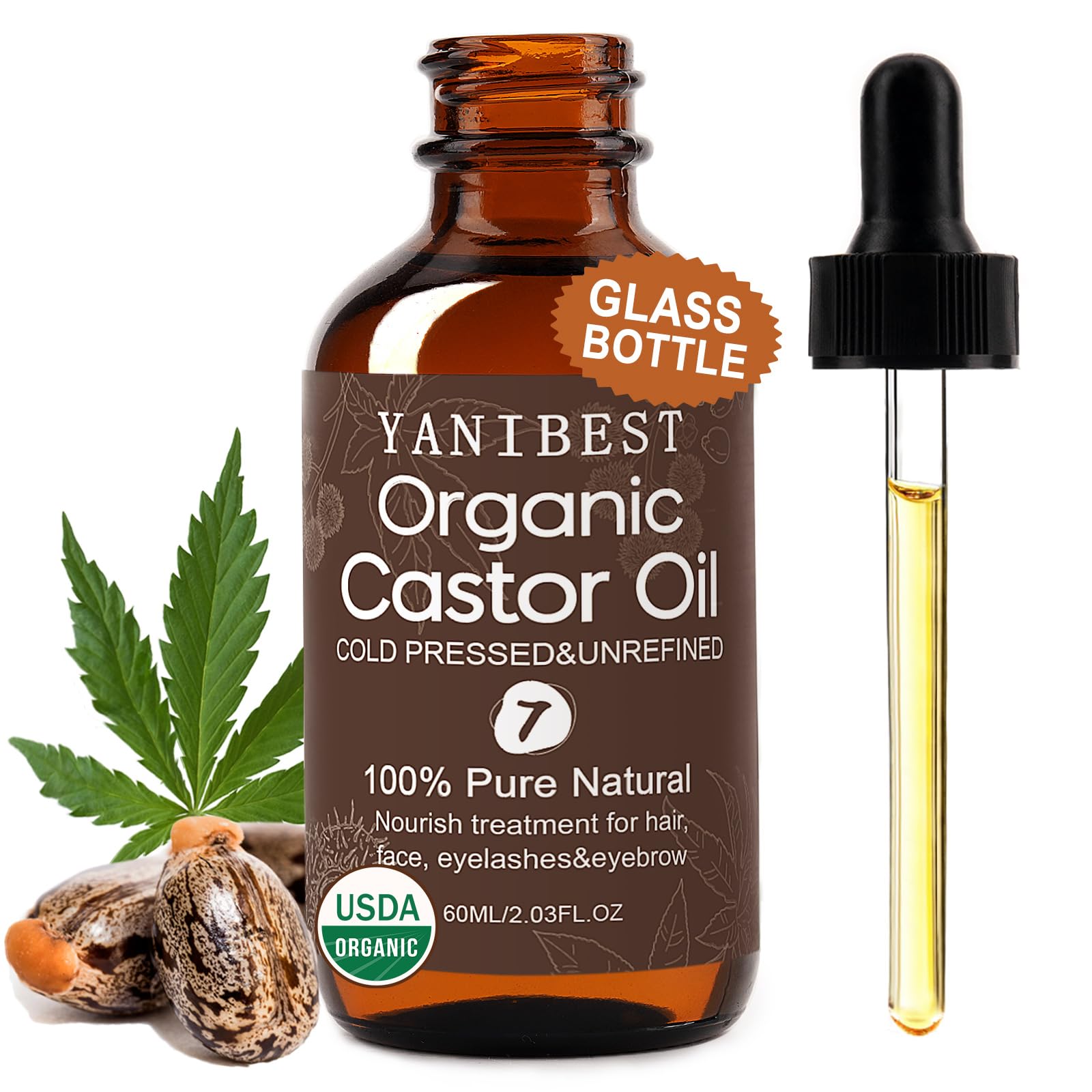 YANIBEST Organic Castor Oil, Cold Pressed Unrefined Glass Bottle, 100% Natural USDA Certified Castor Oil for Hair, Eyelashes, Face, Eyebrows, Scalp &