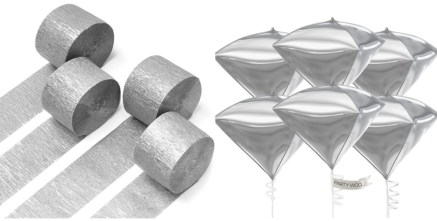 PartyWoo Crepe Paper Streamers 4 Rolls and 6 pcs Diamond Silver Foil Balloons