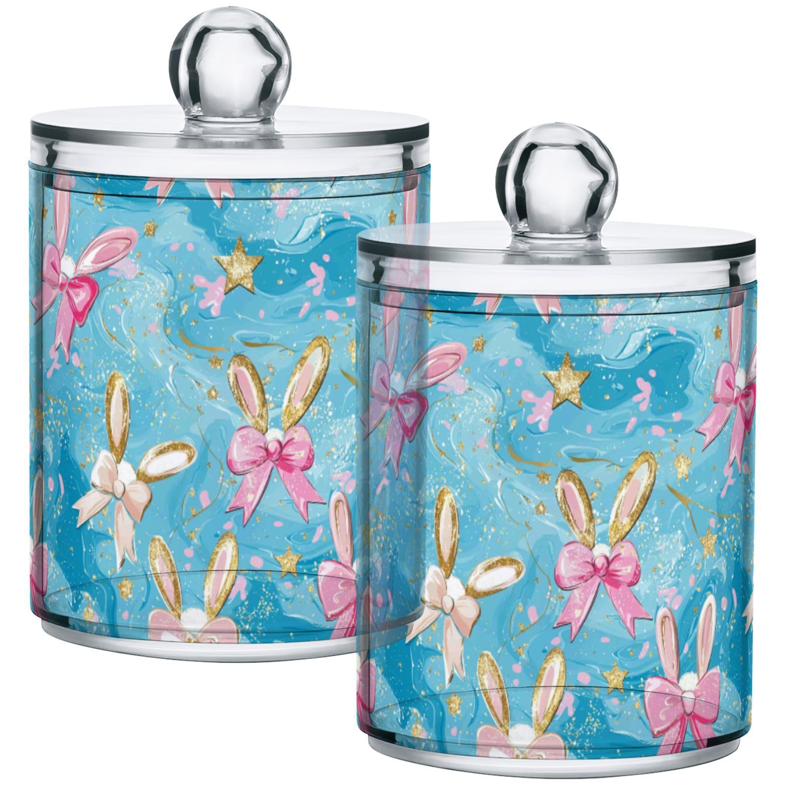 Gredecor 2 Pack Qtip Holder Clear Cute Bows Bunny Ears (3) Apothecary Jars with Lids Acrylic Bathroom Jars Vanity Countertop Canister Storage Organizer for Cotton Ball,Swabs,Pads,Floss