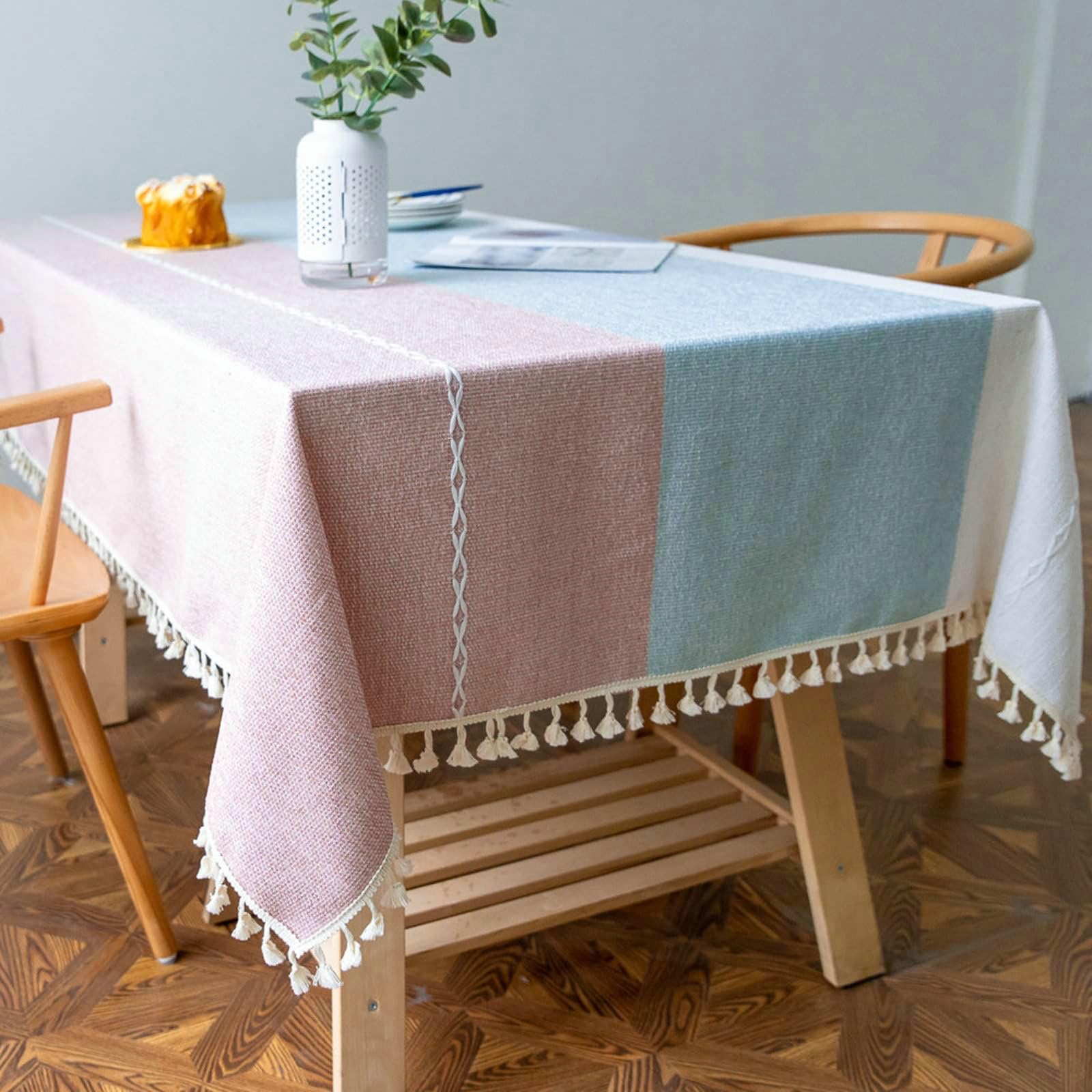 Gualiy Manteles Cuadrados Restaurante, Algodón Lino Mantel de Mesa Moderno 140x260CM Manteles de Mesa Antimanchas Rayas Jacquard con Borlas Mantel para Mesa de Salon, Blanco Azul Rojo