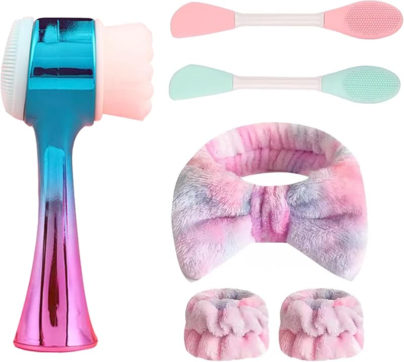 OHES Kit de Escovas Manuais para Limpeza Facial com Faixa de Cabelo e Munhequeiras, 6 Peças (Verde e Rosa Colorido)