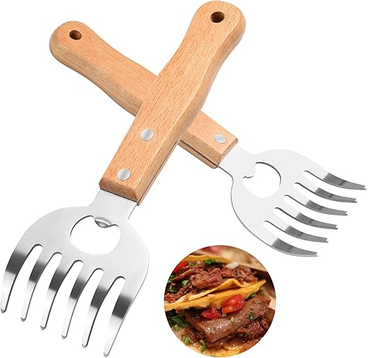 Stainless Steel Meat Shredder Claws with Long Wooden Handles for Pulled Pork, Turkey, Chicken - BBQ Tools for Shredding, Pulling, Handling, and Serving