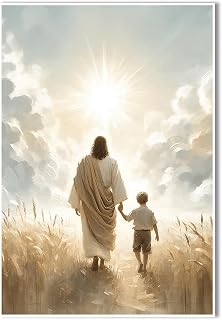 Divine Light Abstract Christian Canvas Wall Art Jesus Walking with Boy Portrait Inspirational Religious Paintings Modern Rustic Decor for Church Bedroom Living Room