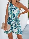 CUPSHE Women's One Shoulder Leaf Print Self-tie Short Dress Sleeveless Tiered Hem Formal Dress Casual Mini Dress