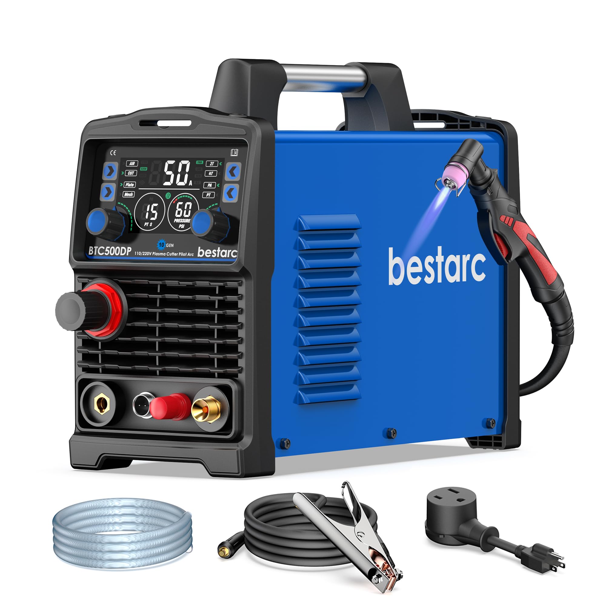Bestarc 50A Pilot Arc Plasma Cutter, 110/220V, LED Display, Air Sensor