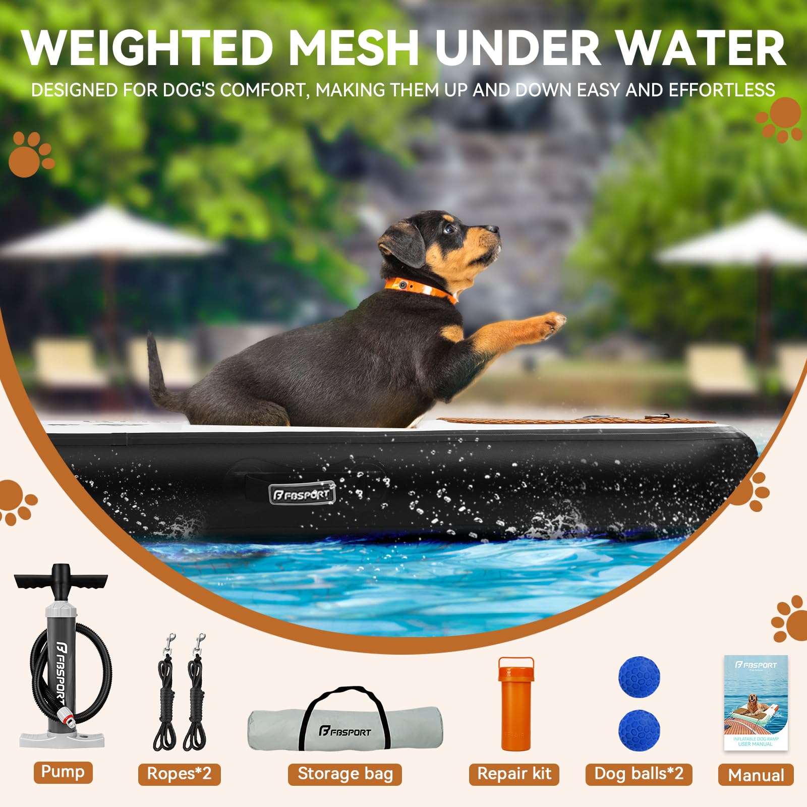 FBSPORT Rampa de Agua Hinchable para Perros, Escalera Flotante para Muelles Piscinas, Barcos, Lagos, Antideslizante de EVA para Perros de hasta 100 kg