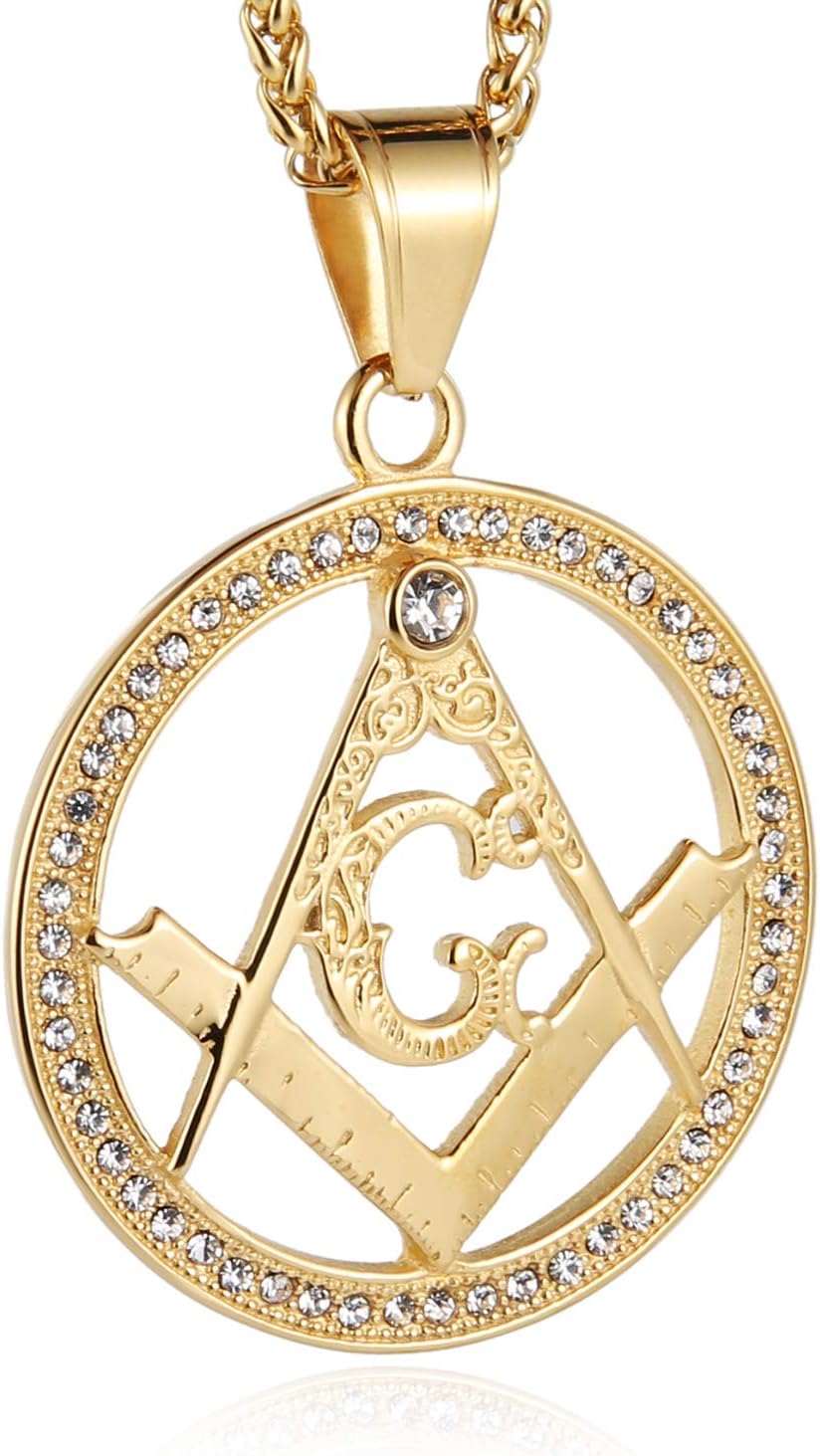Gold Plated Cz Inlay Masonic College Style GOLD Color Stainless Steel Pendant Necklace for Men
