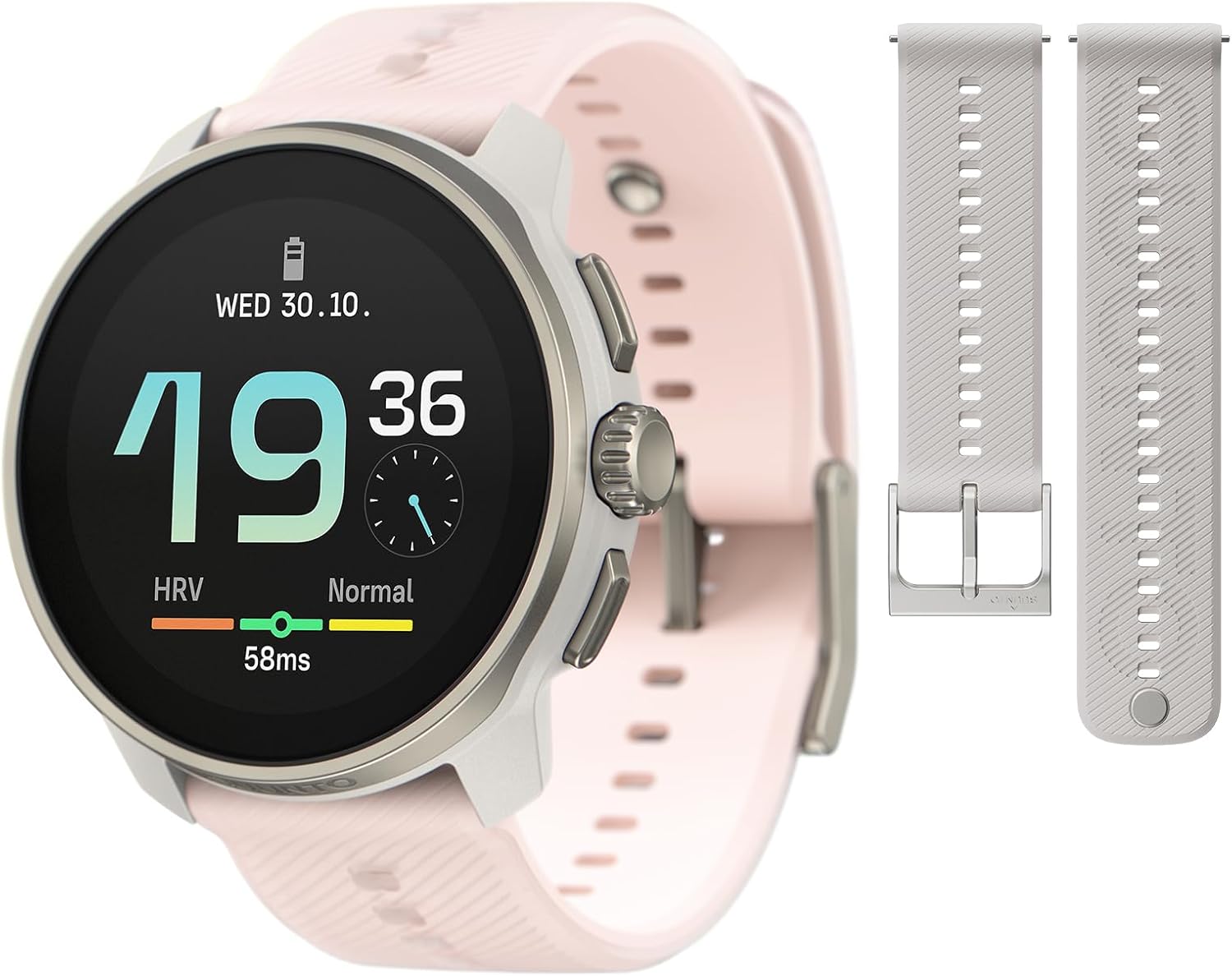 SUUNTO Race S GPS Sports Watch, 1.32" AMOLED Touchscreen w/Crown Powder Pink & SUUNTO 22 ATH6 Silicone Strap Powder Gray S+M