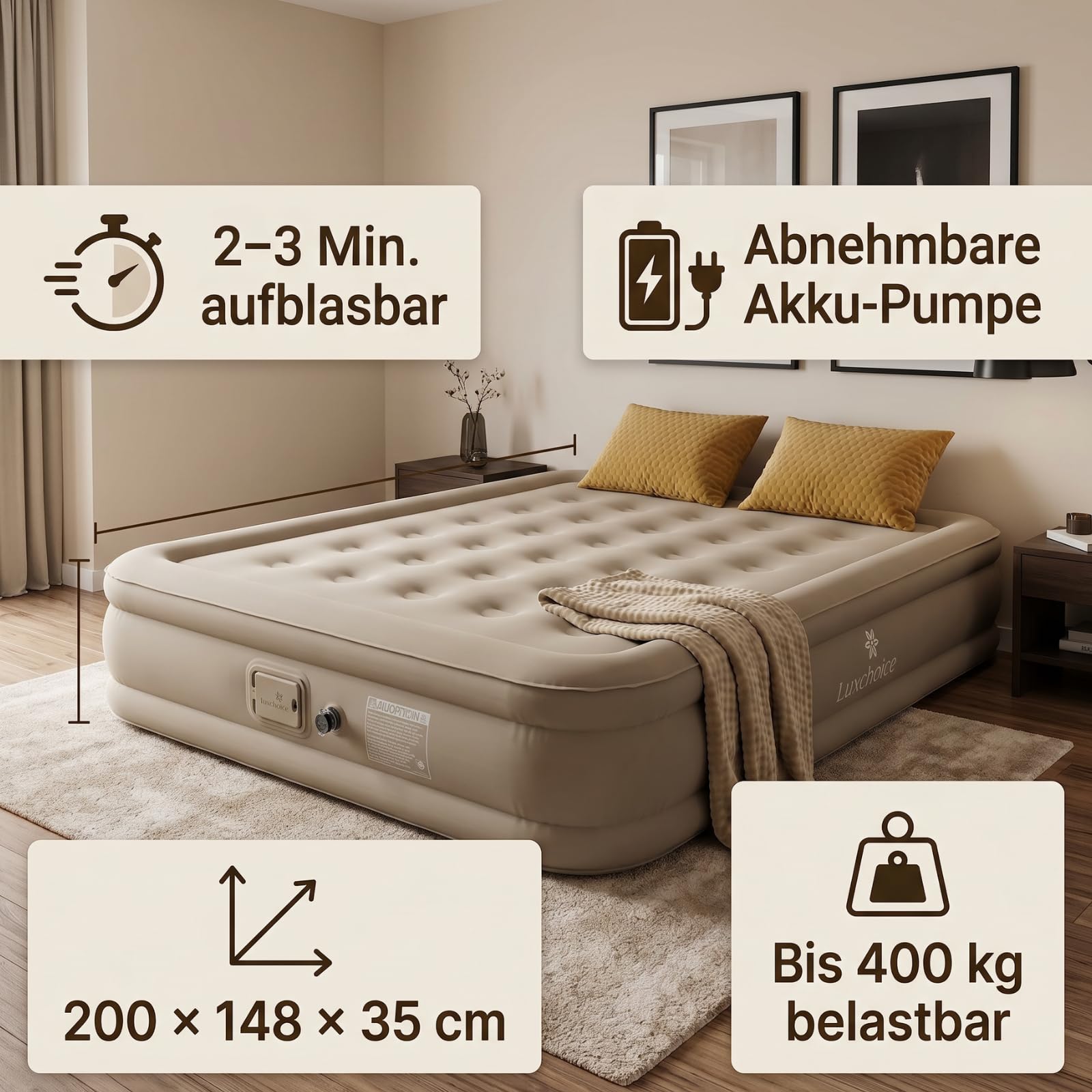 Luxchoice Luftmatratze Selbstaufblasend 2 Personen, 200×148×35 cm Gästebett mit Akku Pumpe Aufblasen in 2‒3Mins, Luftbett Ultraweiches Outdoor-Nylon, Aufblasbare Matratze für Camping & Zuhause