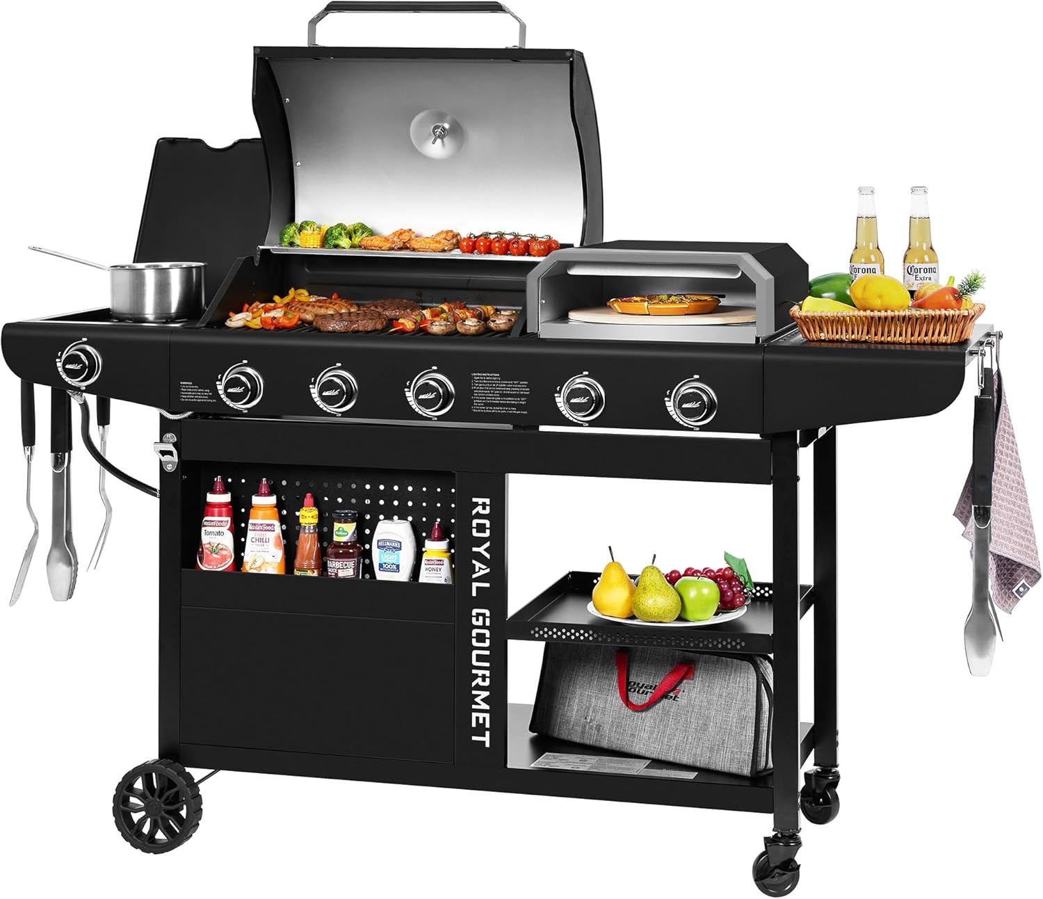 ZH3004H Premium Gas Grill and Pizza Oven Combo with Side Burner, 59,000 BTU, 768 Square Inches of Grilling Area, Automatic Ignition, Perfect for Backyard, Patio and Outdoor Parties, Black
