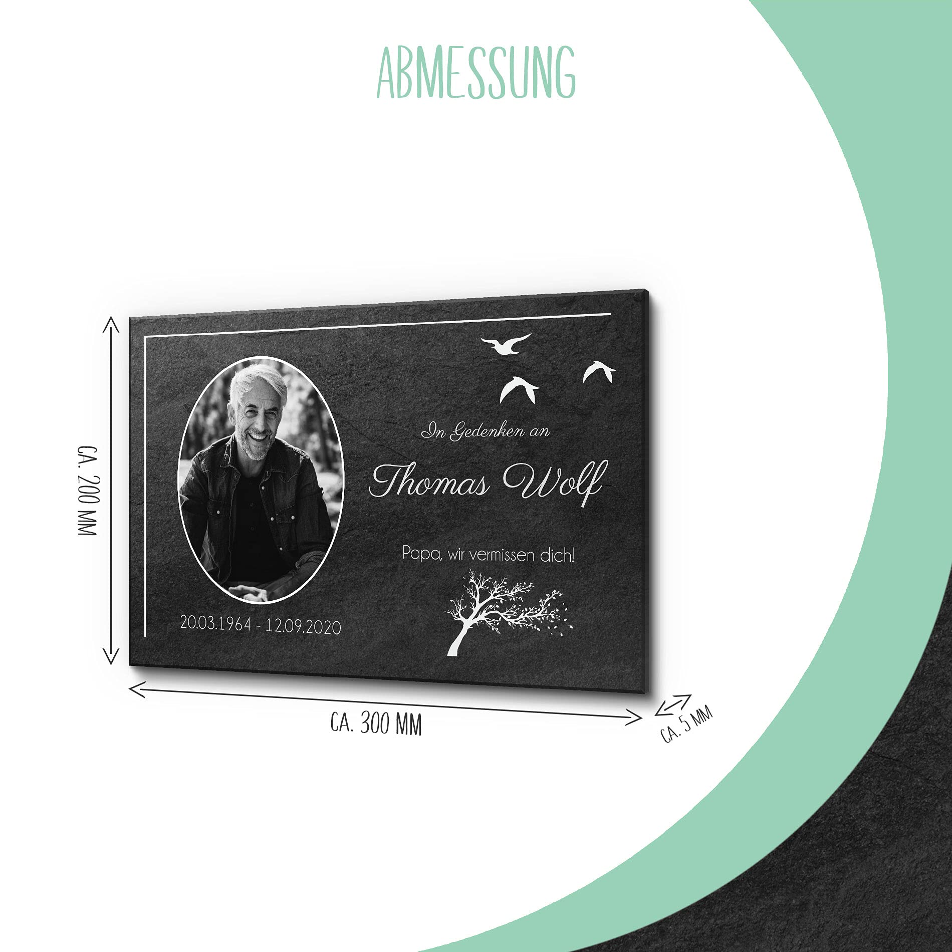 CHRISCK design Schieferplatte aus Premium Schiefer mit UV-Druck | 30 x 20 cm wetterfest & personalisiert | Grabstein mit Text