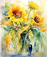 Vista 2 de Tucocoo Kits de pintura de girasoles por números con pinceles y pigmento acrílico sobre lienzo para adultos, acuarela abstracta floral