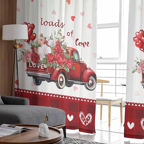 Miniatura 4 de Cortinas traslúcidas para el día de San Valentín, 52 x 84 pulgadas, cortinas de ventana con estampado de rosas rojas con corazón de amor, cortinas