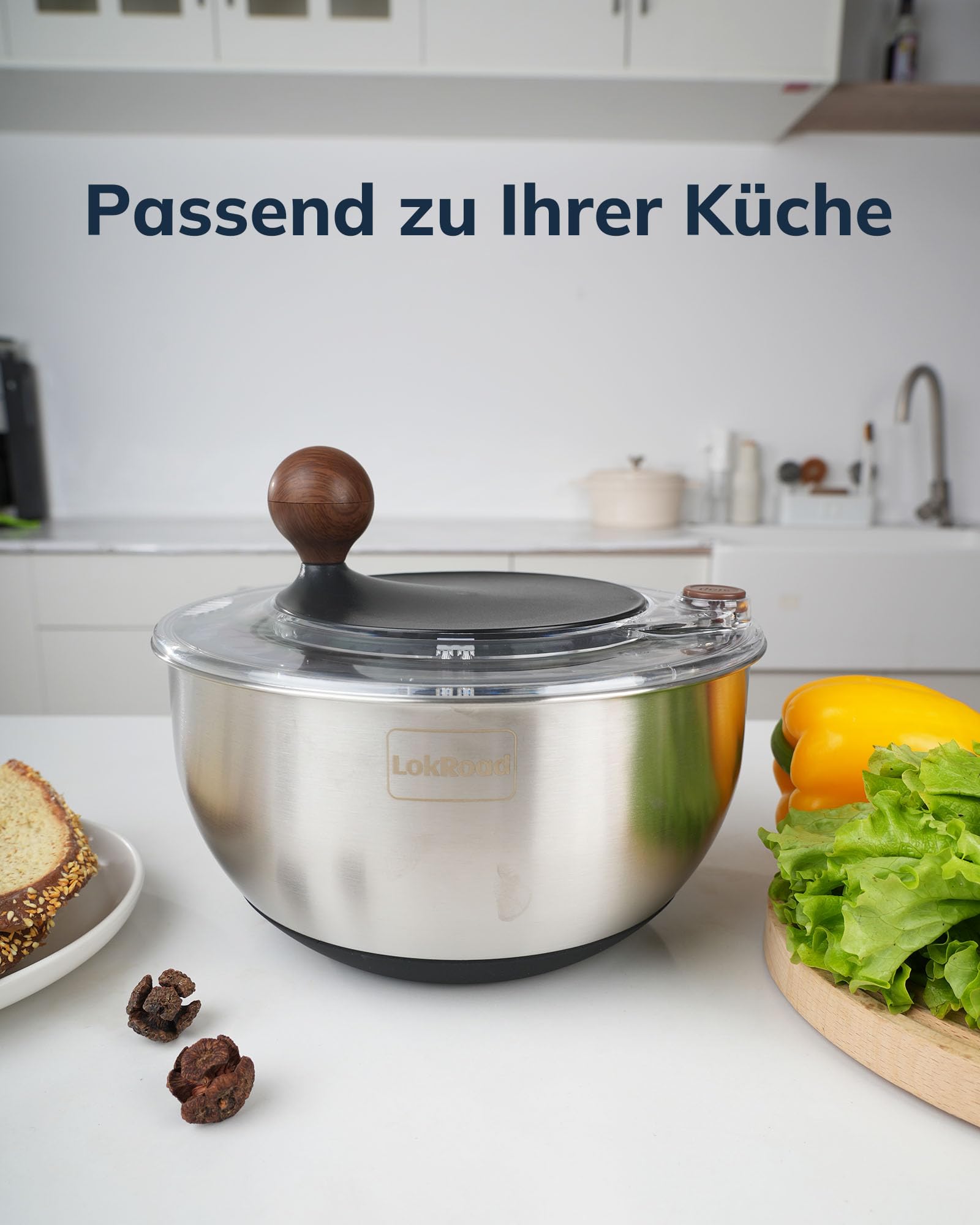 Salatschleuder Edelstahl 18/10 - Salad Spinner mit Rutschfester Boden & Stopptaste, Salat Schleuder, BPA-frei & Spülmaschinenfest, 5L Groß
