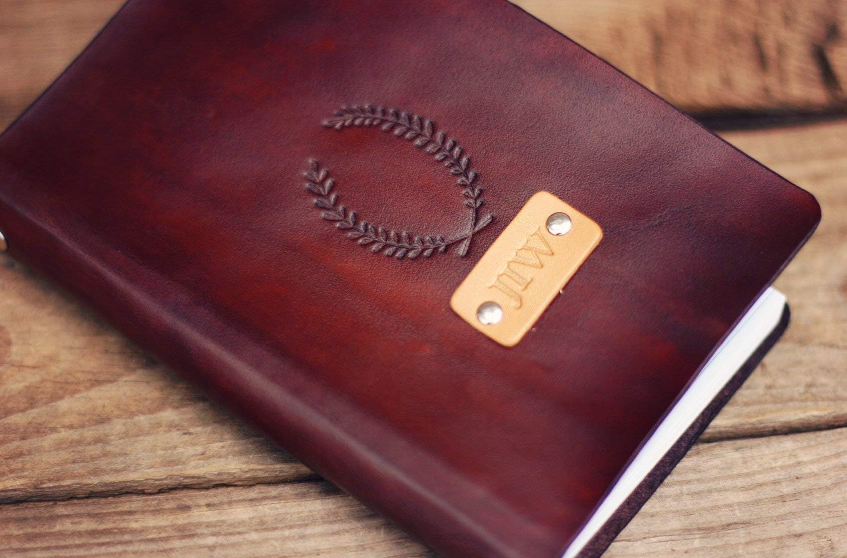 Personalized Leather Journal, Notebook, Travel Diary, Sketchbook, Laurel stamp, Custom name or initials, 6 ring sturdy metal binder with refillable lined paper